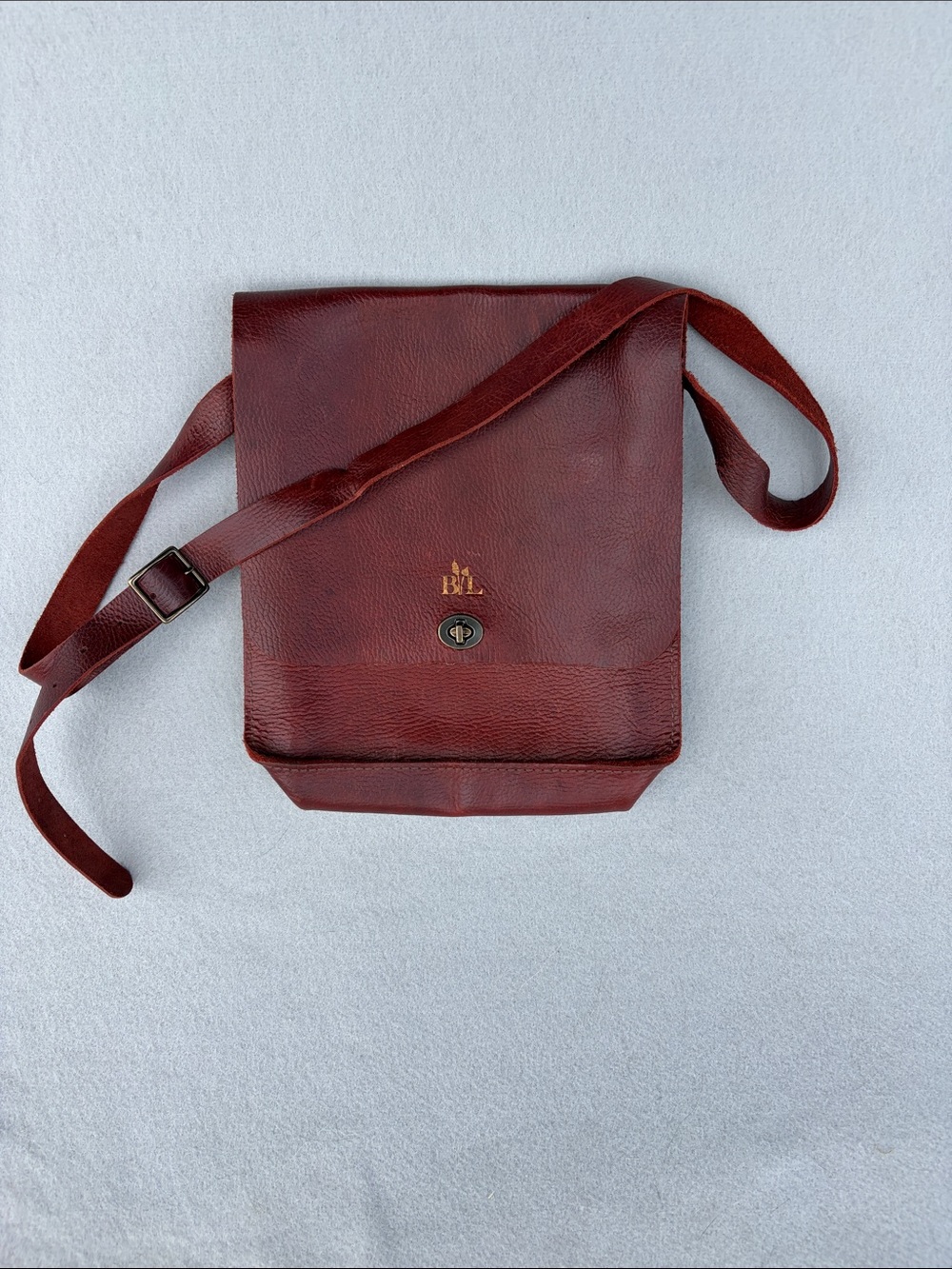 Vintage Leather Crossbody Bag in Burgundy with Monogram - Unbranded
